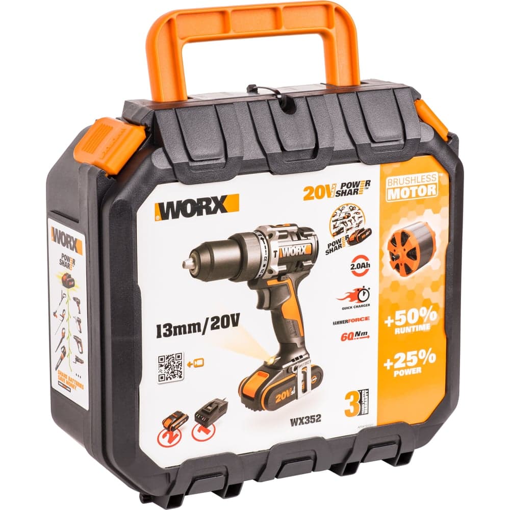 Ударная аккумуляторная дрель-шуруповерт WORX 60 Нм, 20 В, бесщеточная, 2 Ач x 2, ЗУ 2 А, кейс WX352 — фото 7