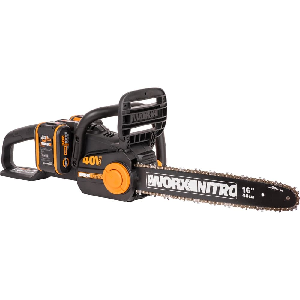 Аккумуляторная цепная пила WORX NITRO , 40В 40см бесщеточная, 4.0Ач х2, ЗУ 2А, коробка WG385E — фото 2