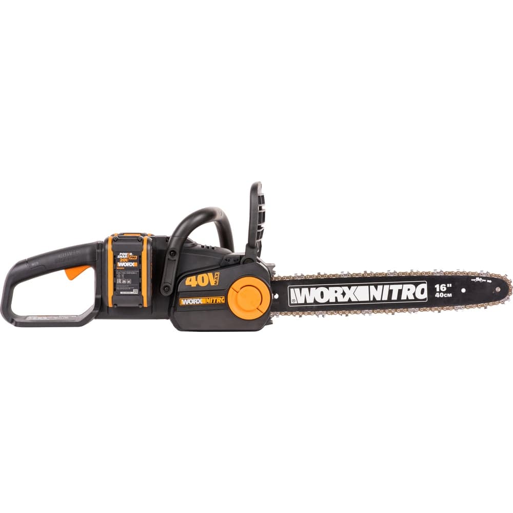 Аккумуляторная цепная пила WORX NITRO , 40В 40см бесщеточная, 4.0Ач х2, ЗУ 2А, коробка WG385E — фото 9