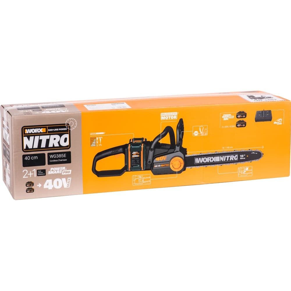 Аккумуляторная цепная пила WORX NITRO , 40В 40см бесщеточная, 4.0Ач х2, ЗУ 2А, коробка WG385E — фото 10