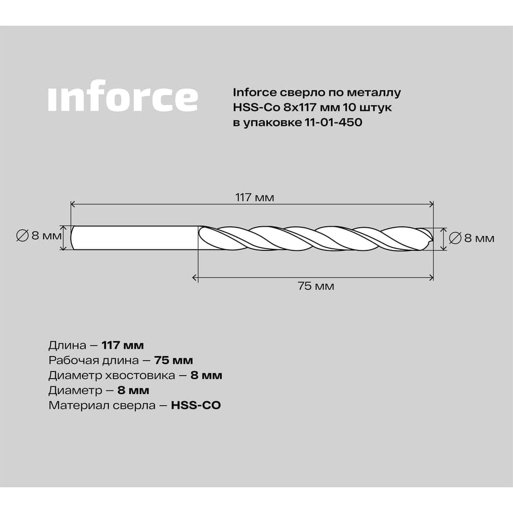 Сверло по металлу HSS-CO (10 шт/уп; 8x117x75 мм) Inforce 11-01-450 — фото 5