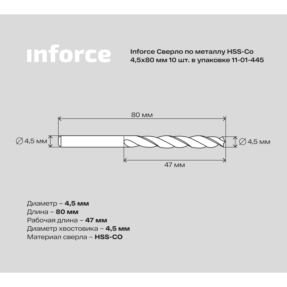 Сверло по металлу HSS-CO (10 шт/уп; 4.5x80x47 мм) Inforce 11-01-445 — фото 6