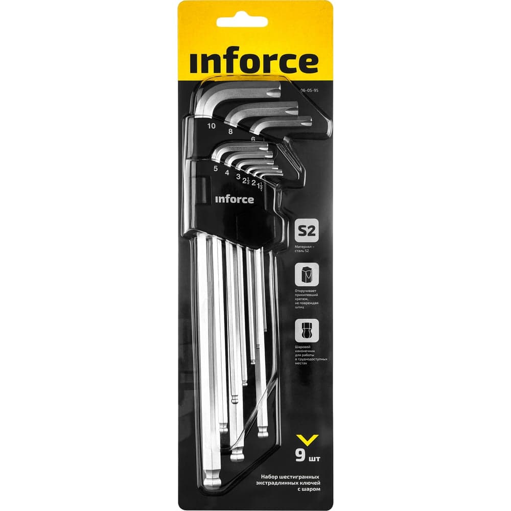 Набор шестигранных экстра-длинных ключей с шаром 9 штук Inforce, размеры 1,5-10мм, 06-05-95 — фото 4