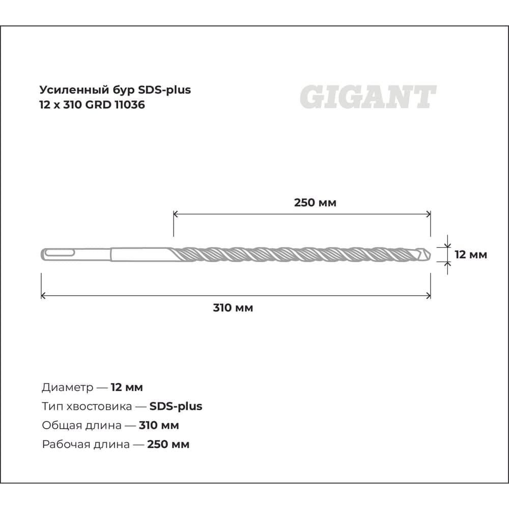 Бур усиленный SDS-plus 12x310 мм Gigant GRD 11036 — фото 3