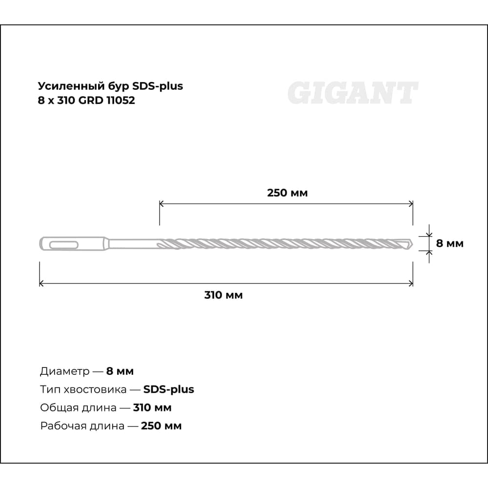 Бур усиленный SDS-plus (8x310 мм) Gigant GRD 11052 — фото 3
