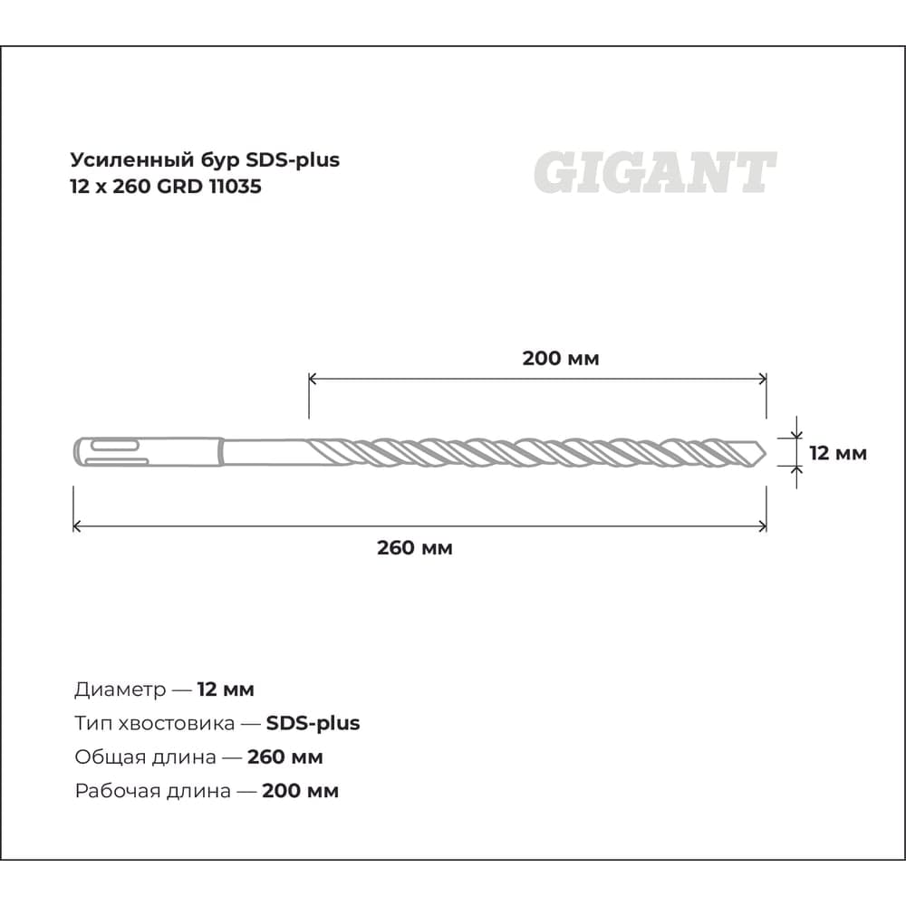 Бур усиленный SDS-plus (12x260 мм) Gigant GRD 11035 — фото 3