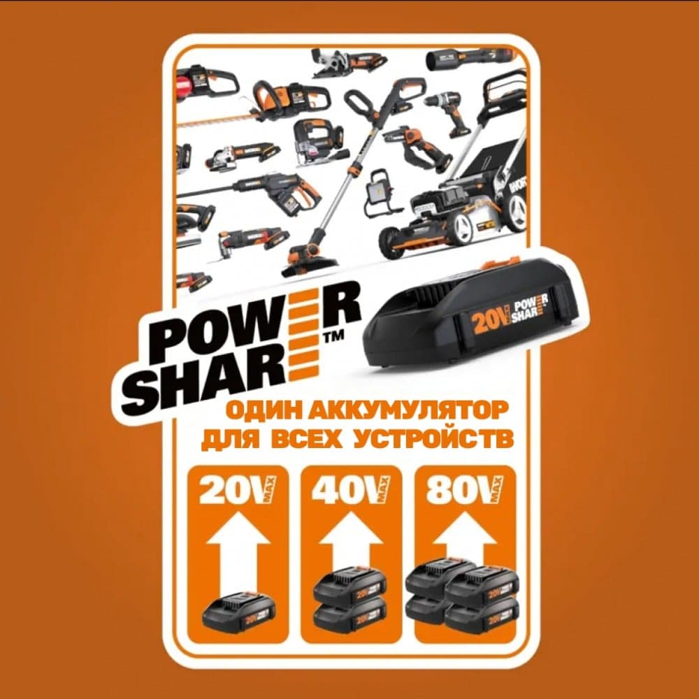 Кусторез аккумуляторный бесщёточный WORX, 20В, 57см, без АКБ и ЗУ WG263E.9 — фото 11