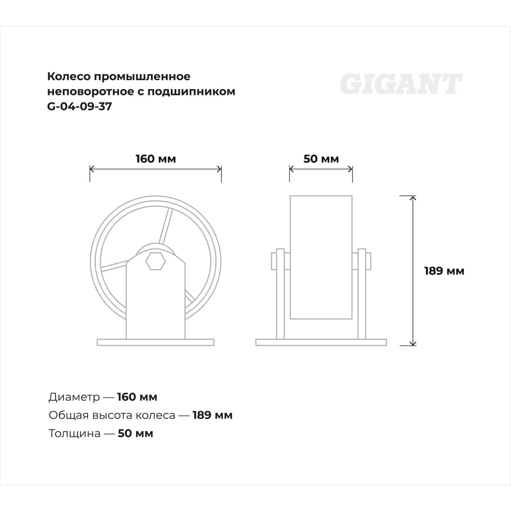 Колесо промышленное неповоротное с подшипником 160мм ПУ/чугун Gigant G-04-09-37 — фото 3