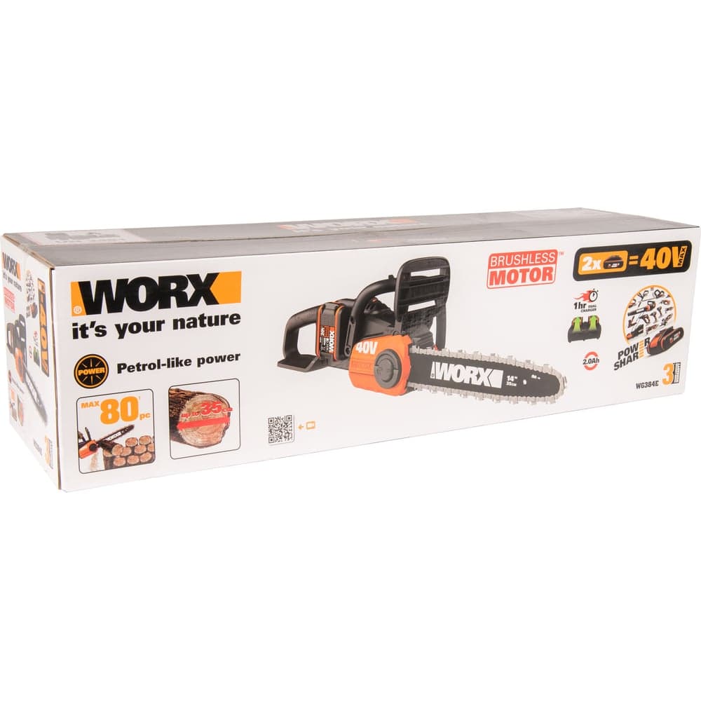 Бесщеточная цепная аккумуляторная пила WORX 40 В, 2х2.0 А*ч, двойное ЗУ 2x2A WG384E — фото 17