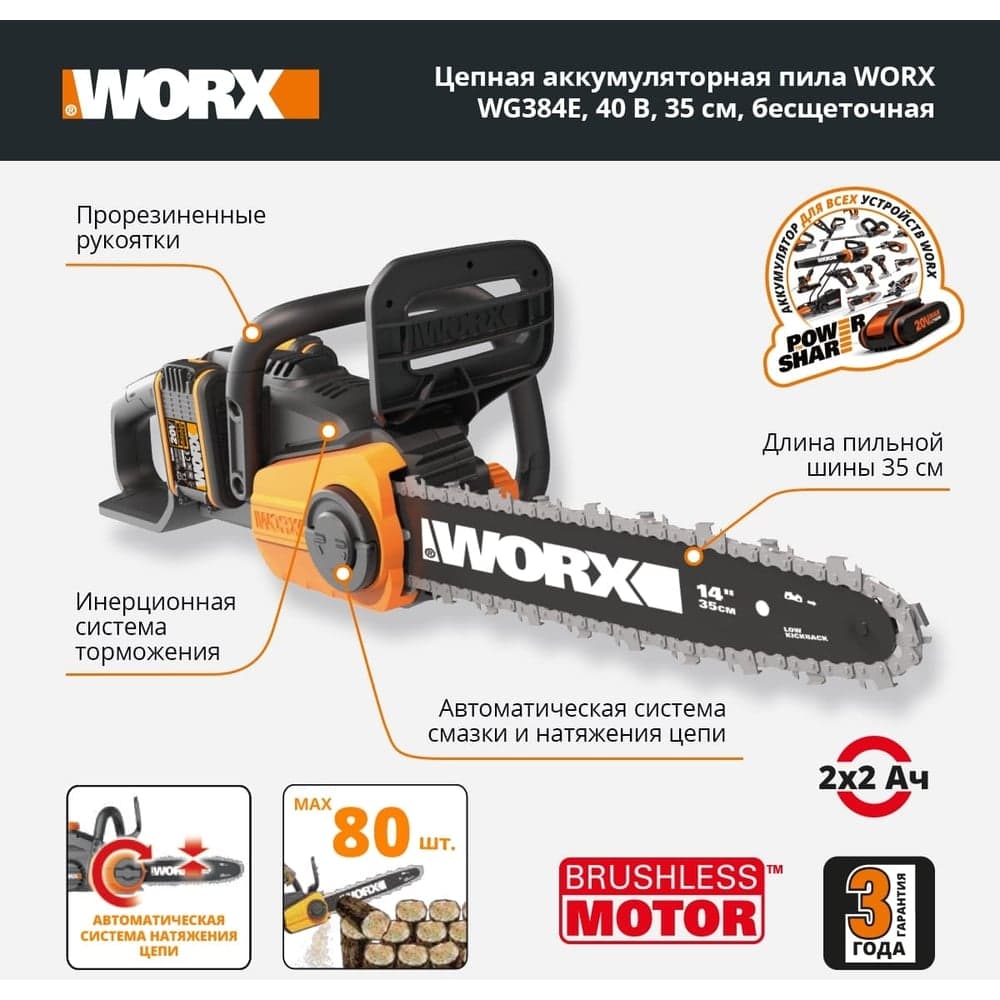 Бесщеточная цепная аккумуляторная пила WORX 40 В, 2х2.0 А*ч, двойное ЗУ 2x2A WG384E — фото 5