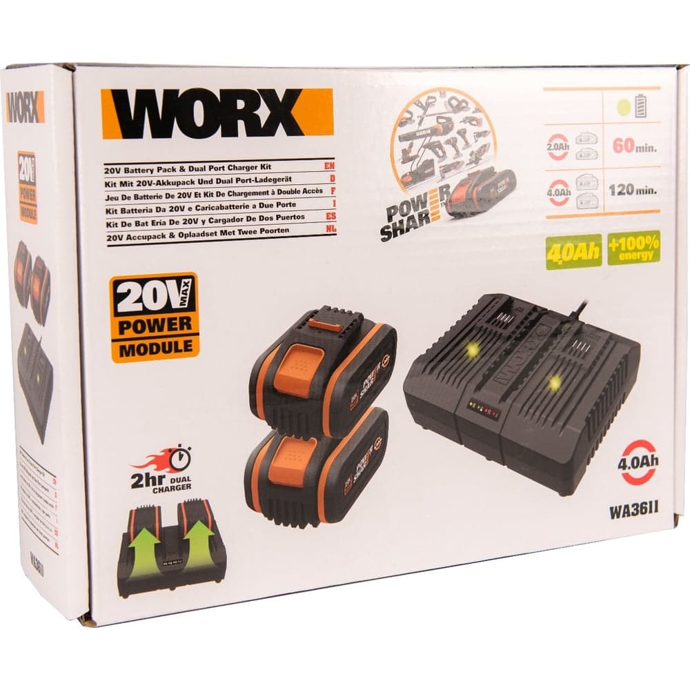 Комплект: Двойное Зарядное устройство WORX WA3883 + 2 АКБ 4.0 А/ч — фото 3