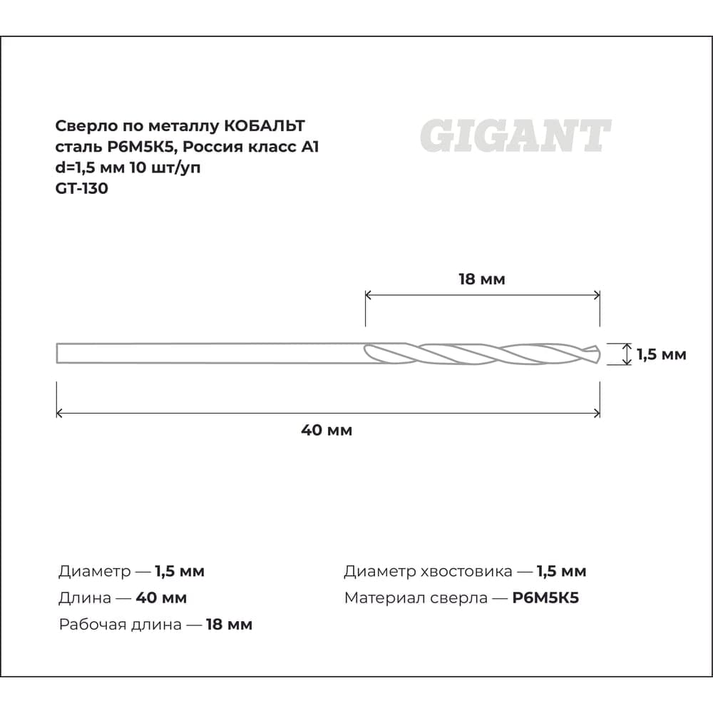 Сверло по металлу КОБАЛЬТ (10 шт; 1.5х18х40 мм; Р6М5К5; класс А1) Gigant GT-130 — фото 3