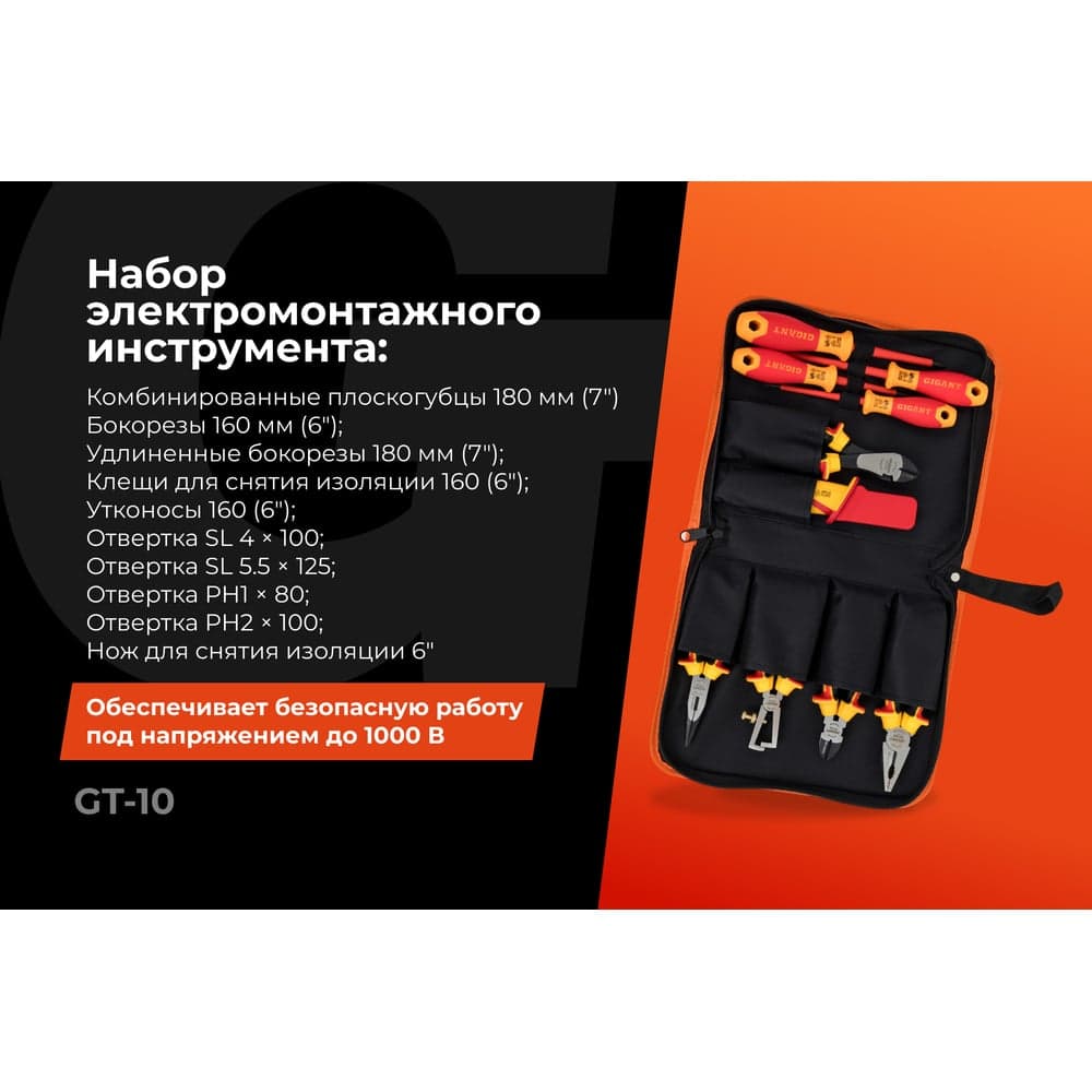 Набор электромонтажного инструмента Gigant VDE 1000В, 10 инструментов GT-10 — фото 2