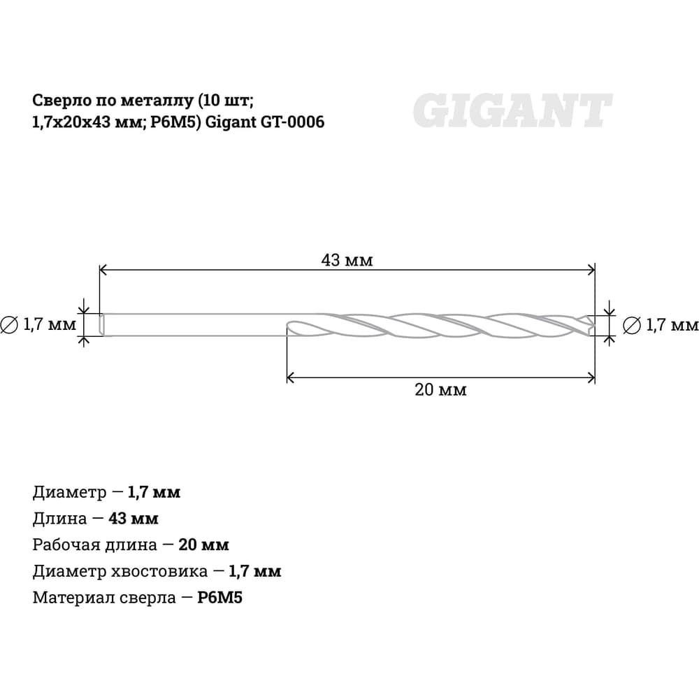 Сверло по металлу (10 шт; 1.7х20х43 мм; Р6М5) Gigant GT-0006 — фото 4