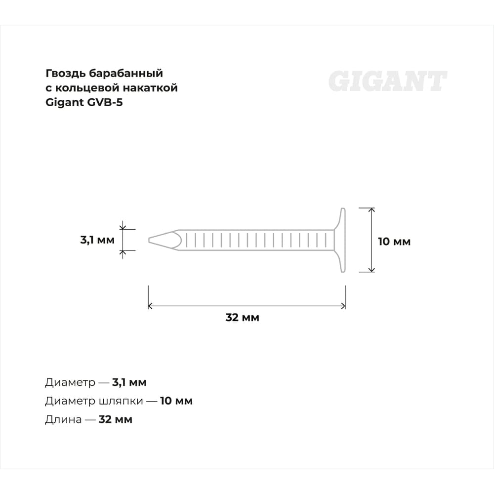 Барабанный гвоздь Gigant с кольцевой накаткой CRN 3,1х32 цинк 7200шт GVB-5 — фото 3