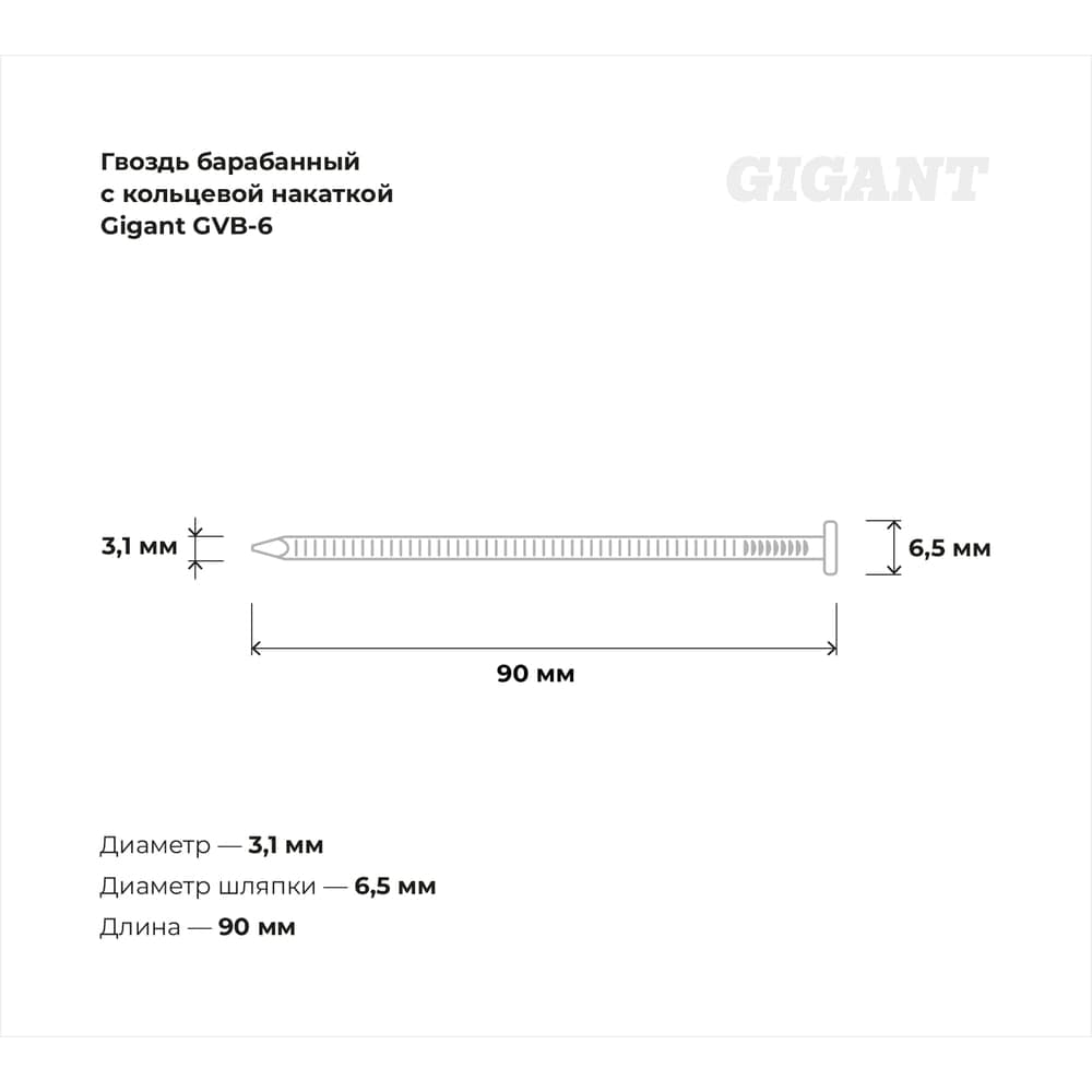 Барабанный гвоздь Gigant с кольцевой накаткой CNW 3,1х90 3600шт GVB-6 — фото 3