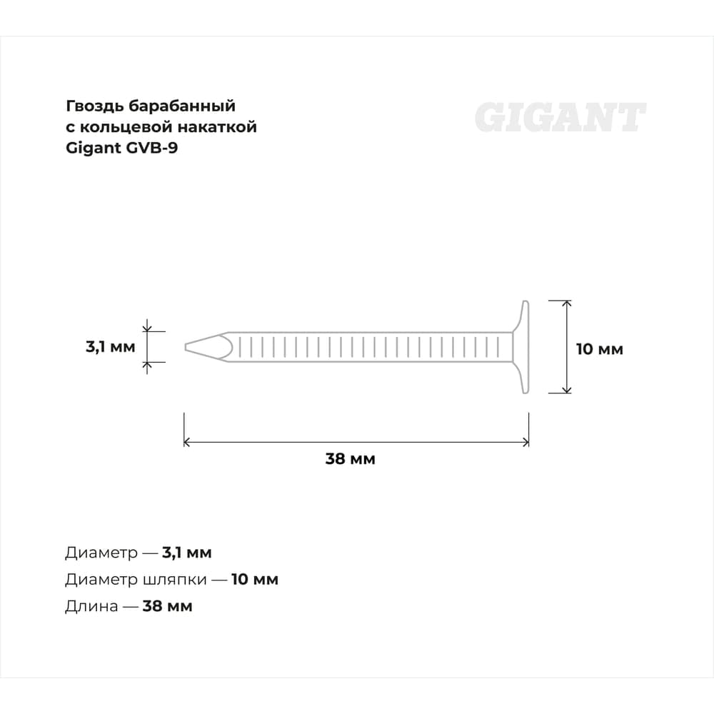 Барабанный гвоздь Gigant с кольцевой накаткой CRN 3,1х38 цинк 5400шт GVB-9 — фото 3