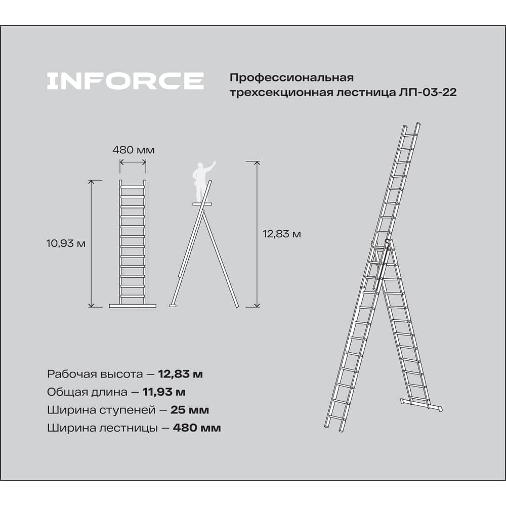 Профессиональная трехсекционная лестница Inforce 3x16 шириной 480мм ЛП-03-22 — фото 6