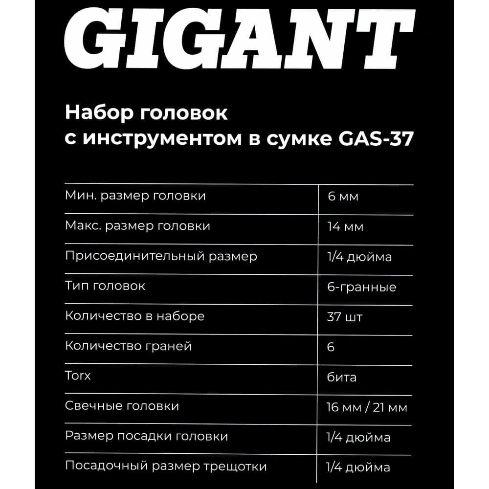 Набор головок Gigant 1/4 дюйма с инструментом в сумке, 37 предметов GAS-37 — фото 12