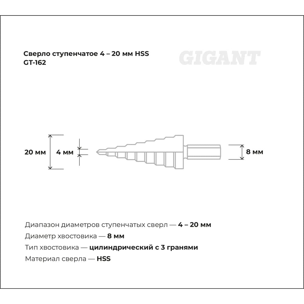 Сверло ступенчатое 4-20 мм, HSS Gigant GT-162 — фото 3