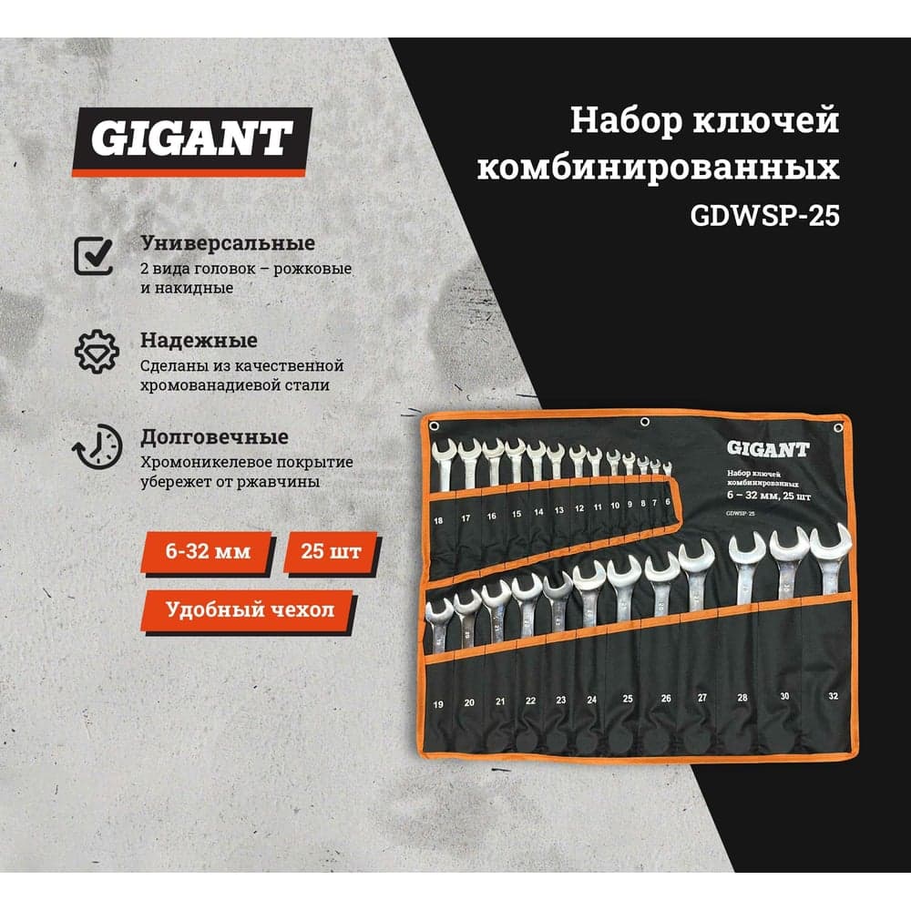 Набор комбинированных ключей Gigant 6 - 32 мм, 25шт., полированный хром, Сталь Cr-V, 6-32мм, GDWSP-25 — фото 2