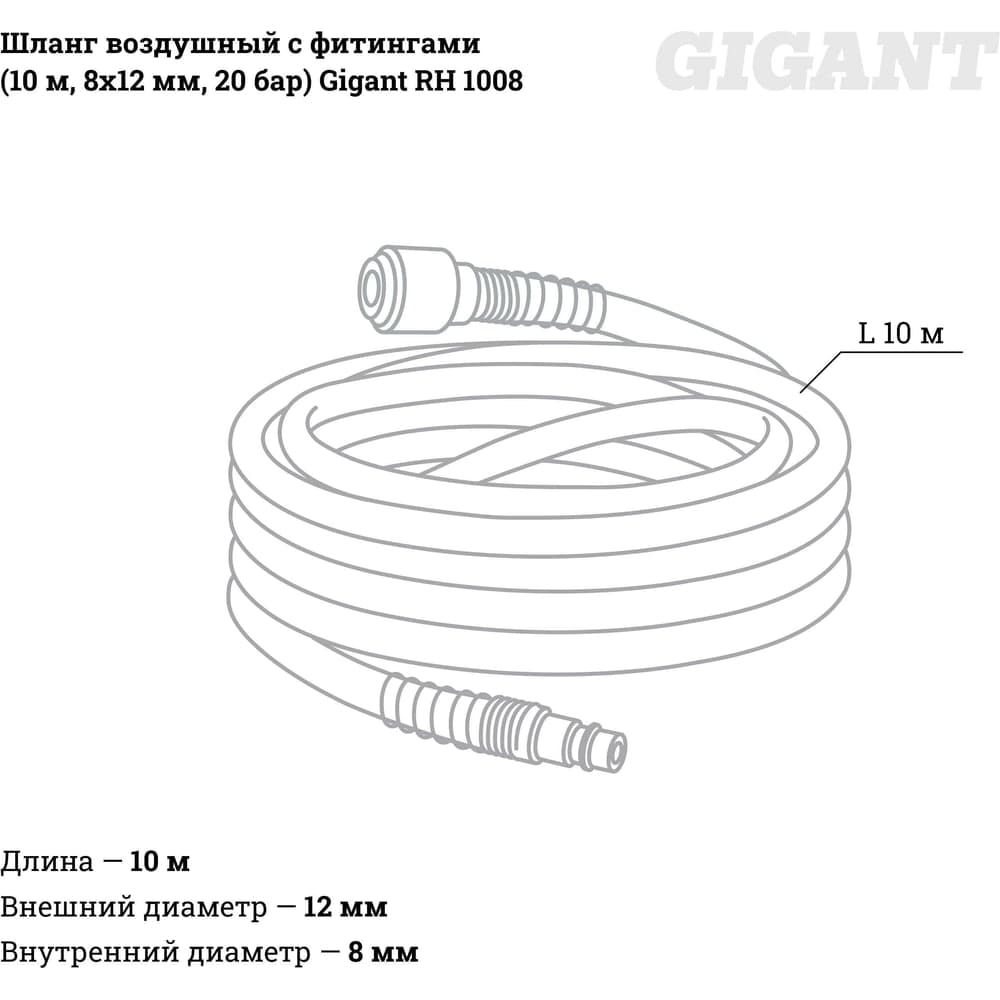 Шланг воздушный с фитингами для монтажа пневмолиний (10 м; 8х12 мм; 10 бар) Gigant RH 1008 — фото 5