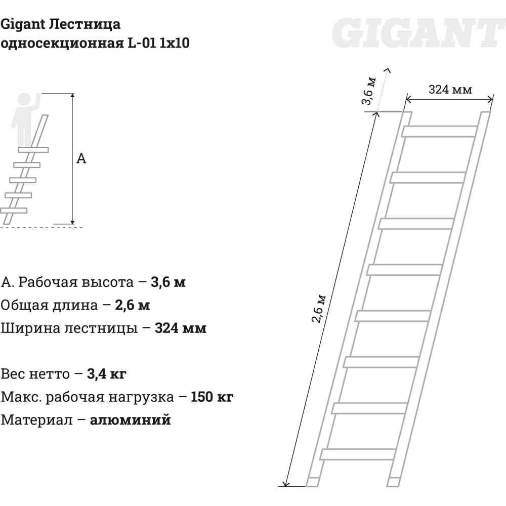 Односекционная лестница 10 ступеней Gigant L-01 1х10 — фото 3