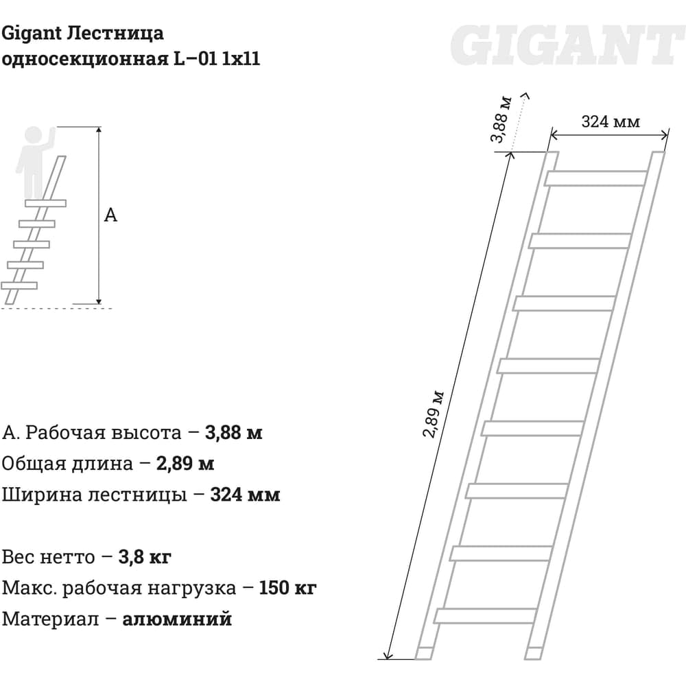 Односекционная лестница 11 ступеней Gigant L-01 1х11 — фото 5
