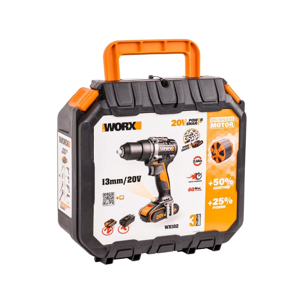 Аккумуляторная бесщёточная дрель-шуруповерт WORX 20В, 60Нм, бесщеточная, 2Ач х2, ЗУ, кейс WX102 — фото 8