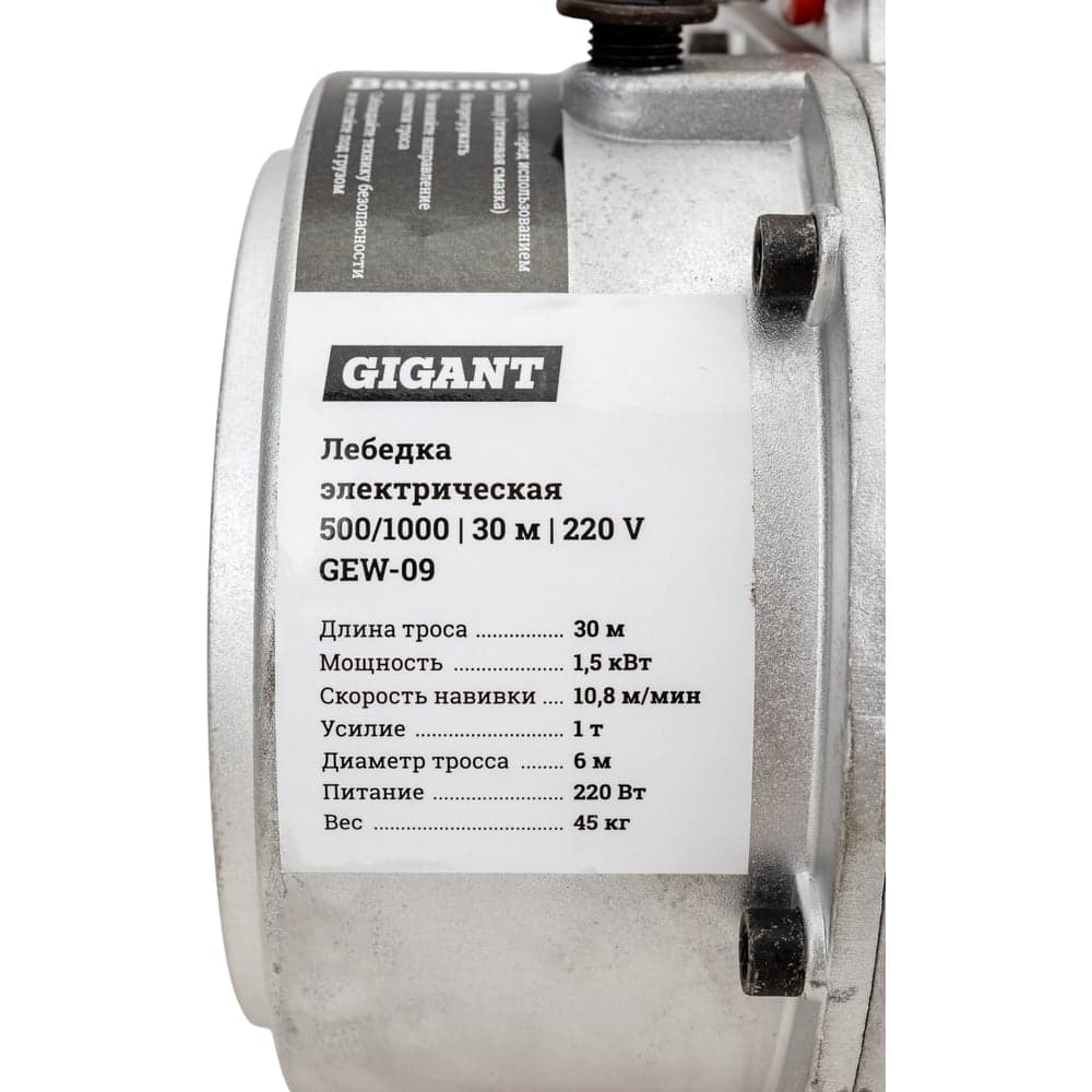 Электрическая лебедка Gigant 500/1000 кг, 220В, 30/15м, Диаметр троса 6мм, GEW-09 — фото 2
