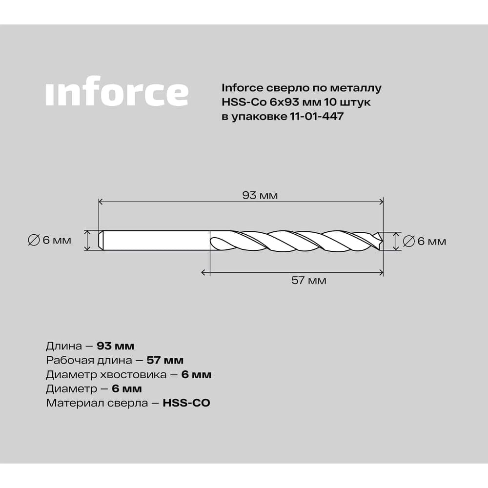 Сверло по металлу HSS-CO (10 шт/уп; 6x93x57 мм) Inforce 11-01-447 — фото 5
